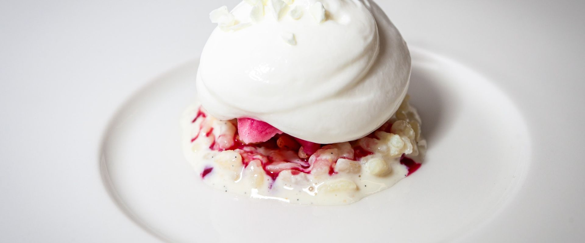 Riso latte alla vaniglia, sorbetto al melograno e spuma di yogurt